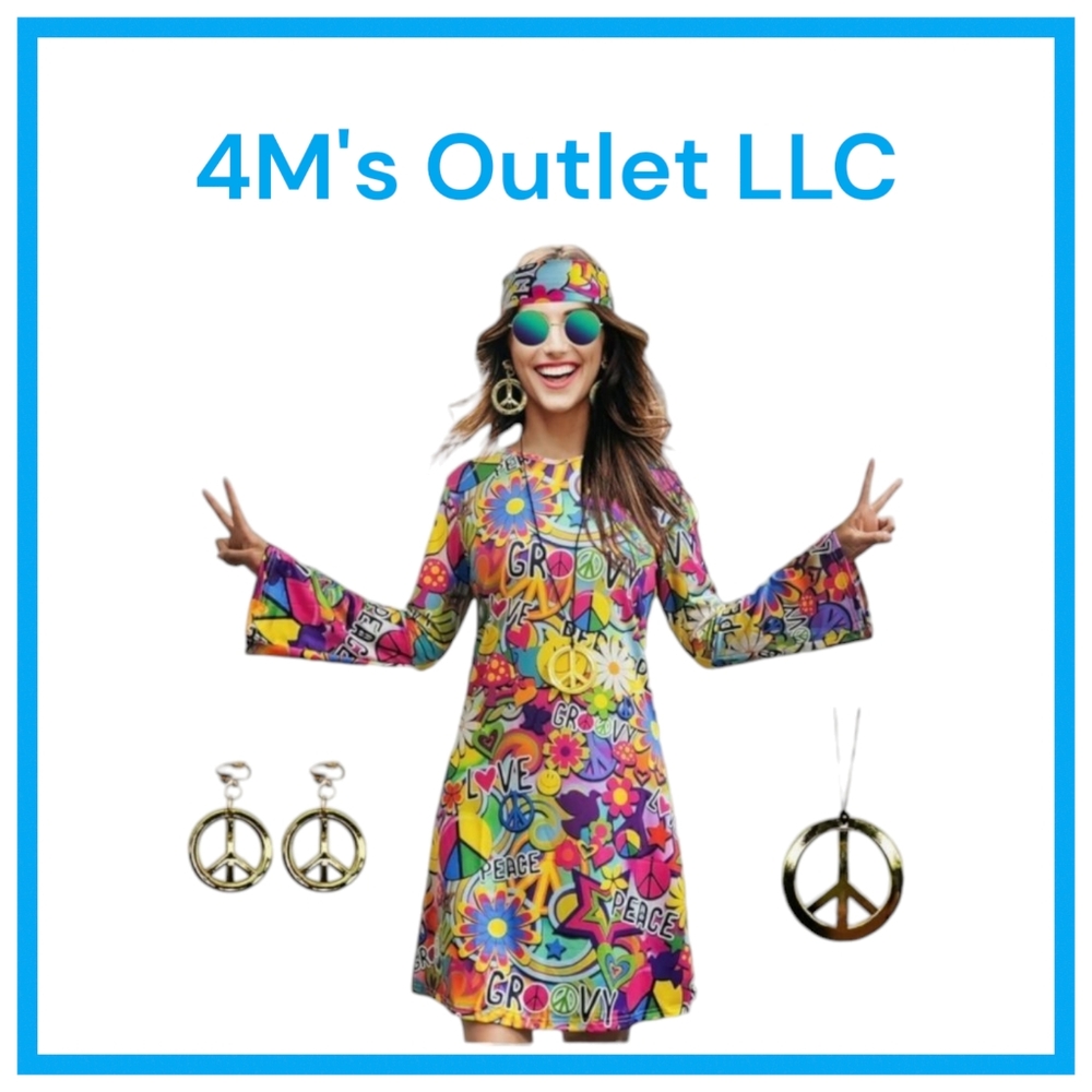 70s Hippie Dress Costumes Necklace Earrings Sunglass Women Disco Outfit
